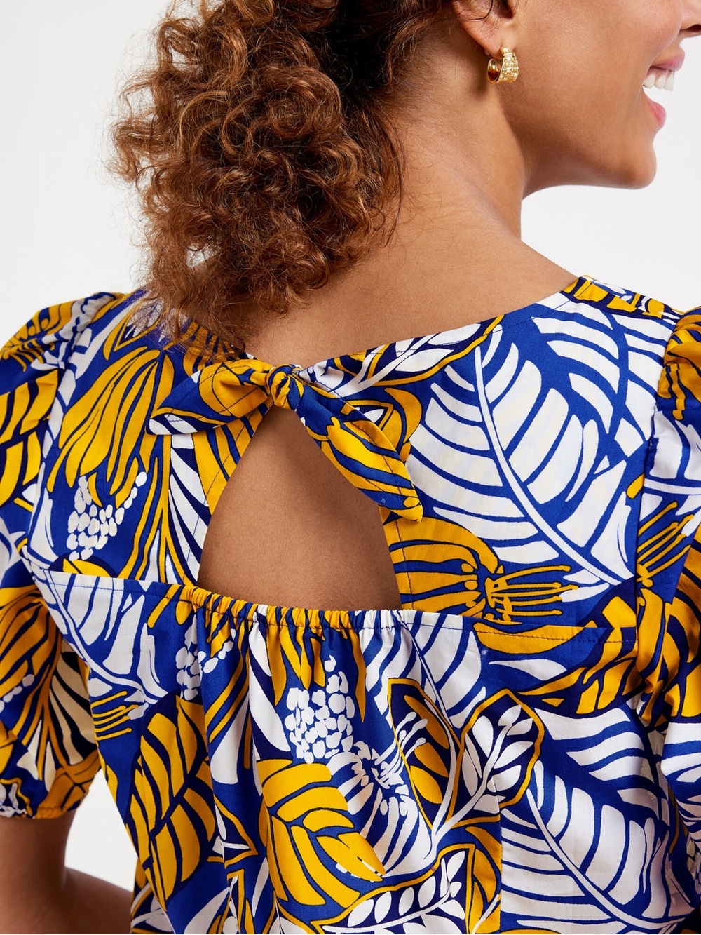 Talbots Tie Back Top in Colorblock Leaves Poplin Cotton XL Yellow Blue Colorful